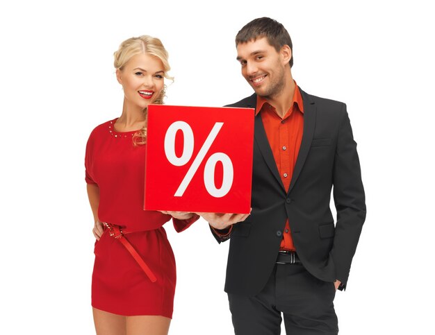 bright picture of man and woman with percent sign