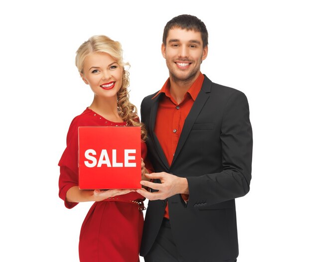 bright picture of man and woman with sale sign