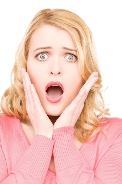 bright picture of surprised woman face over white