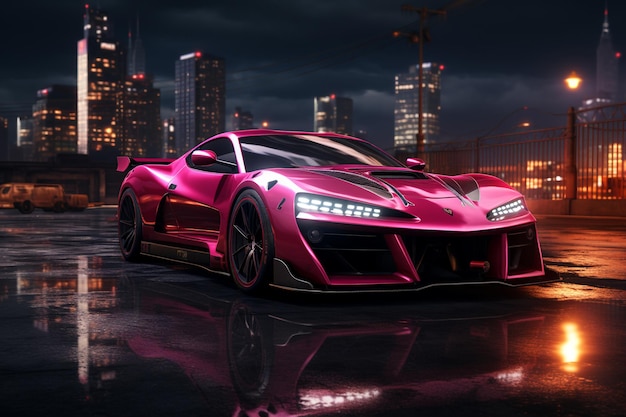 Bright pink car on a street background