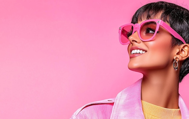 Bright Pink Fashion with Stylish Sunglasses and Smiling Model