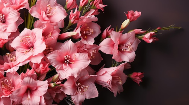 Bright pink flowers lie on a black background Contrasting composition closeup