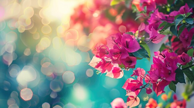 Photo bright pink flowers with green leaves in dreamy bokeh background