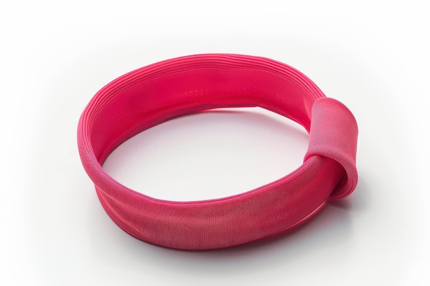 Bright pink hair tie resting on a white surface with a simple elegant loop design showcasing the vibrant color