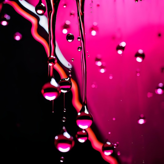 Photo bright pink liquid drips on black surface slow motion