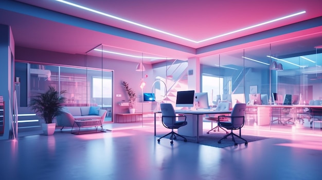 A bright pink office with a blue ceiling and a pink and blue ceiling