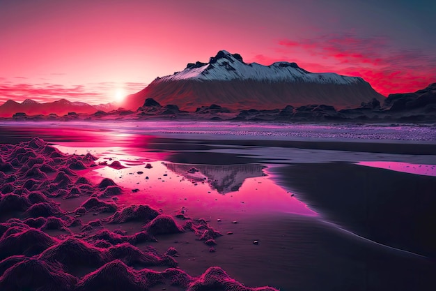 Bright pink sunset and dark hills on iceland beach