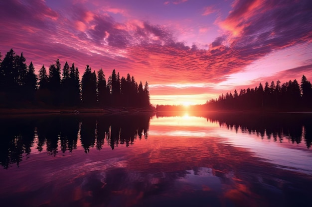 A bright pink sunset over a tranquil lake pink life