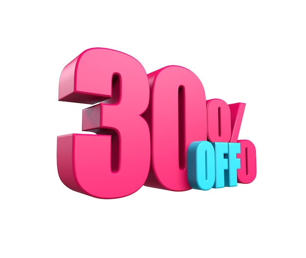 Bright pink, voluminous 3D inscription: 30% OFF, isolated on white background. Element for design discounts, design, sales, web. 3d render