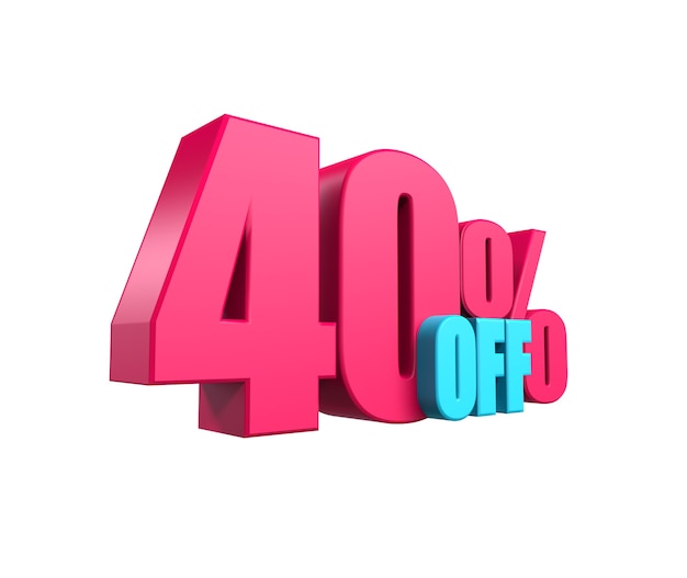 Bright pink, voluminous 3D inscription: 40% OFF, isolated on white background. Element for design discounts, design, sales, web. 3d render