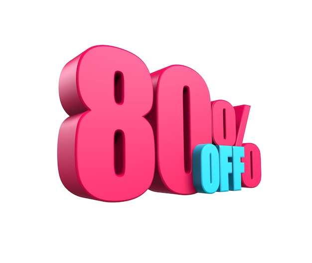 Bright pink, voluminous 3D inscription: 80% OFF, isolated on white background. Element for design discounts, design, sales, web. 3d render