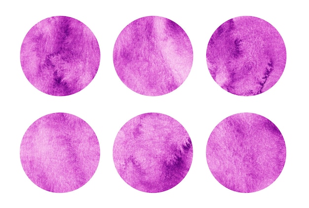 Bright pink watercolor circles set Fuchsia abstract round geometric shapes on white background Aquarelle stains on paper texture Template for your design