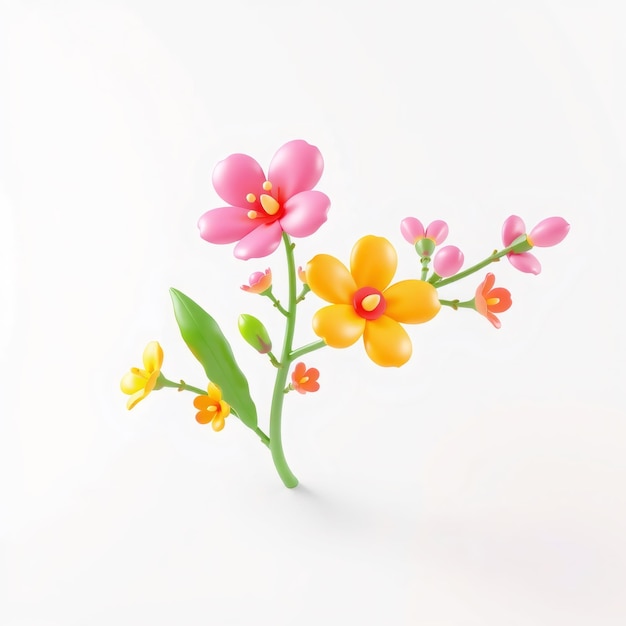 Bright pink and yellow flowers with green stems and leaves on a white background