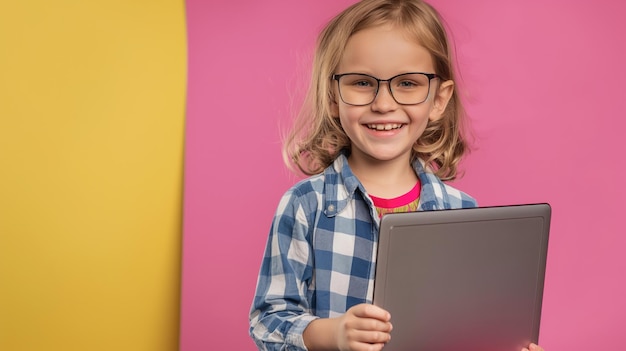 Bright pink and yellow kid holding tablet or laptop smiling at camera wearing glasses