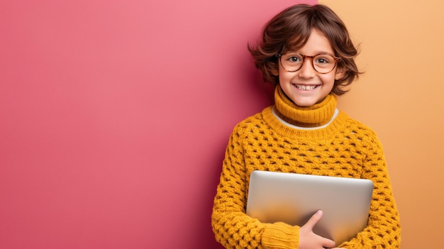 Bright pink and yellow kid preteen caucasian boy holding tablet or laptop smiling camera in glasses