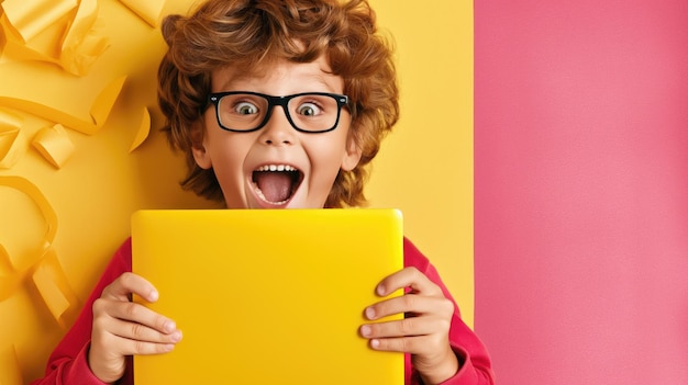 Bright pink and yellow kid preteen caucasian boy holding tablet or laptop smiling camera in glasses