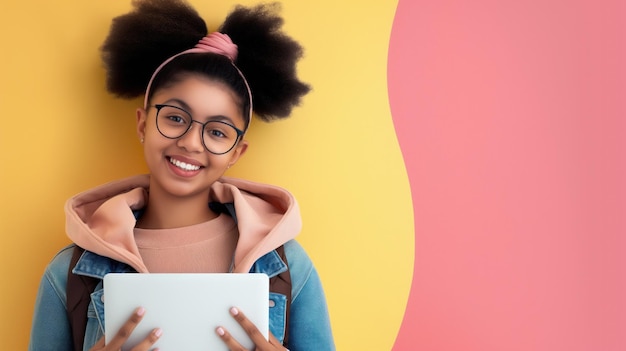 Bright pink and yellow teenager indian diverse student girl holding tablet or laptop smiling at came