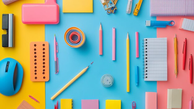 Bright Playful Flat Lay Colorful Office Supplies Design