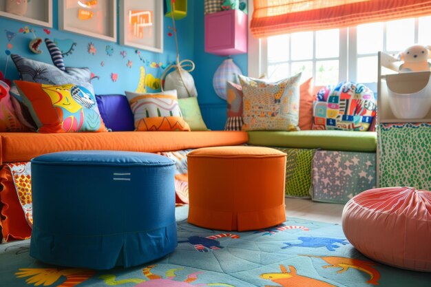 Photo a bright playroom with colorful cushions and fun decor for kids39 creative adventures