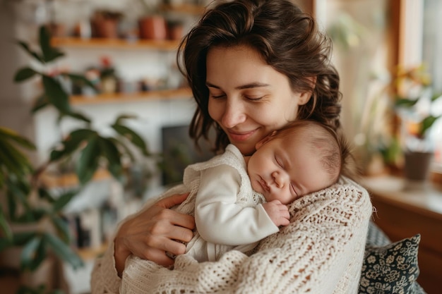 Photo bright portrait of happy mum holding sleeping infant child on hands loving mom carying of her newborn baby