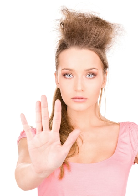 Photo bright portrait of young woman making stop gesture