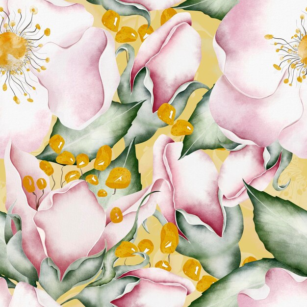 Bright print of large pink flowers on a yellow watercolor seamless pattern