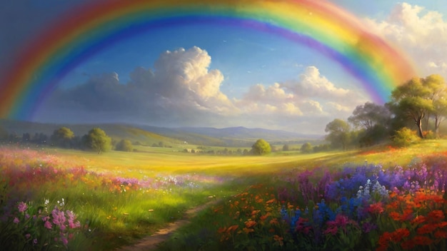 Bright rainbow over a blooming meadow