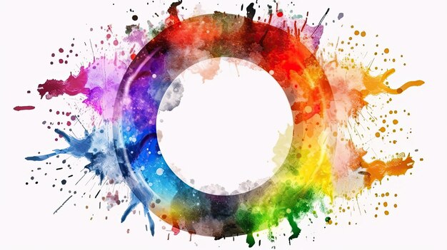 Bright Rainbow Splatters Artistic Brush Paint Design in a Round Frame Generative AI