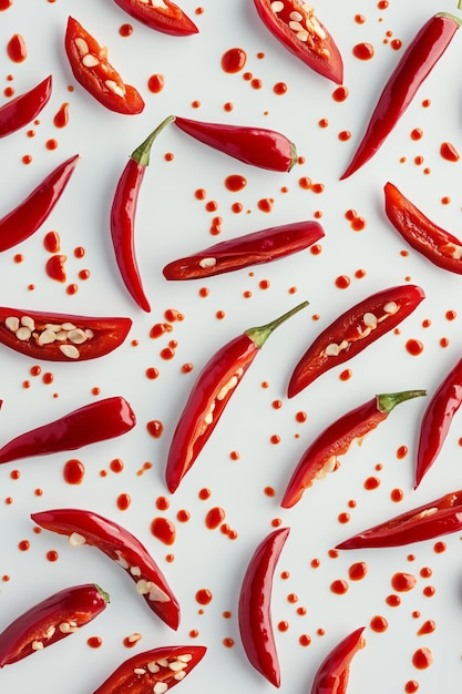 Photo bright red chili peppers scattered on a white background highlighting their vibrant colors