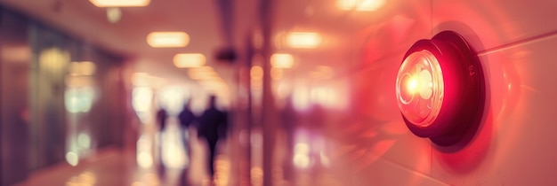 Photo a bright red fire alarm light flashes on a wall as people walk by in a busy indoor corridor during daylight hours generative ai