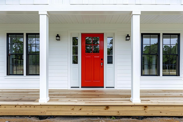 Bright red front door on a white house with a porch and wood floor