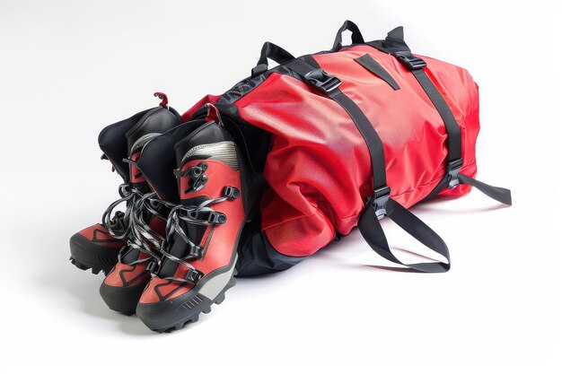 Photo bright red hiking boots placed beside a large black and red duffel bag on a white background ready for an outdoor adventure