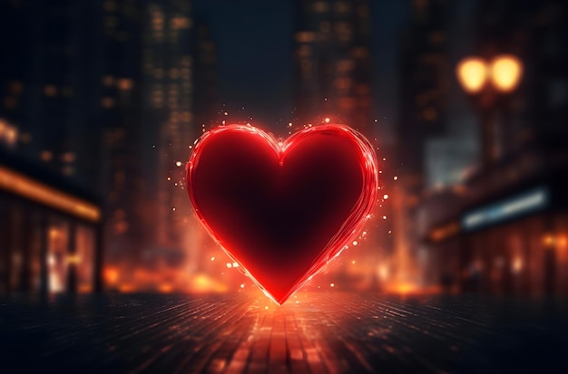 a bright red neon heart glowing in the black lit up by a glow at night