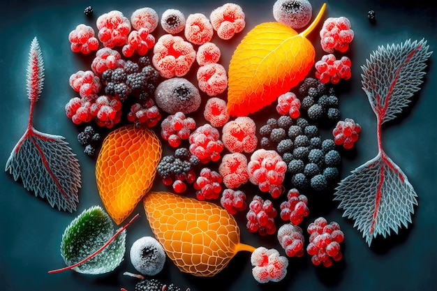 Bright red orange and black frozen berries