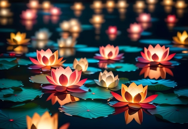 A bright red paper lantern floating on a pond with a lotus flower in the foreground