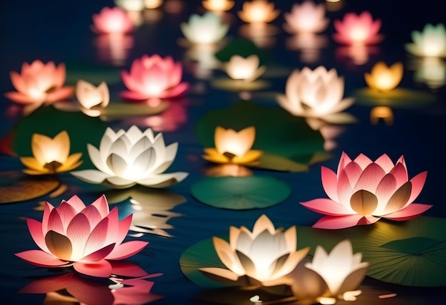 A bright red paper lantern floating on a pond with a lotus flower in the foreground