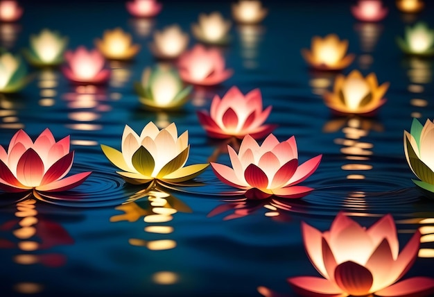 A bright red paper lantern floating on a pond with a lotus flower in the foreground