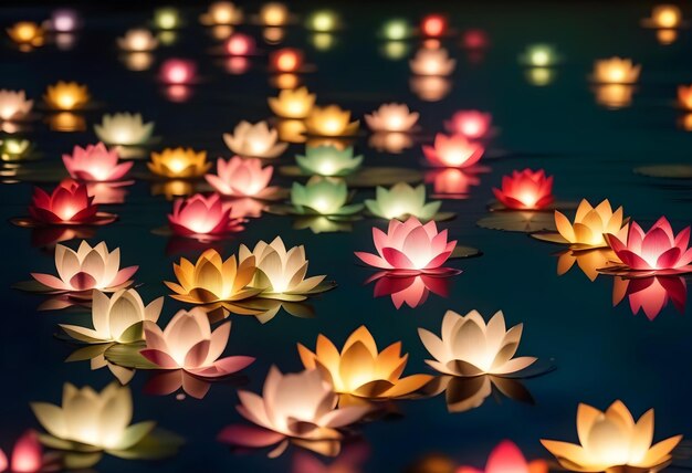 A bright red paper lantern floating on a pond with a lotus flower in the foreground