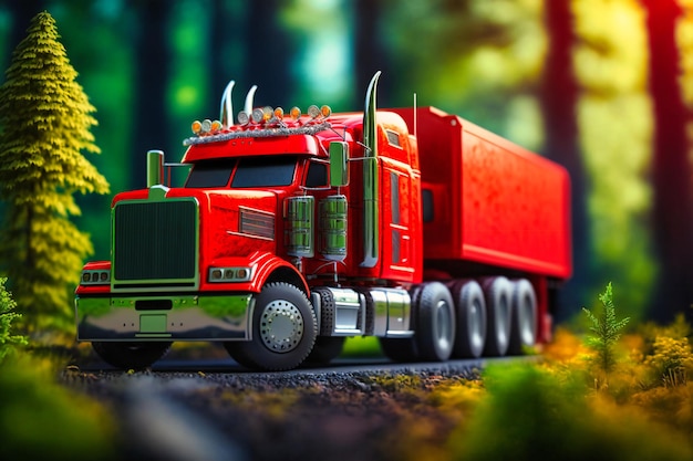 A bright red semitruck with a massive engine ready to haul heavy cargo across the country