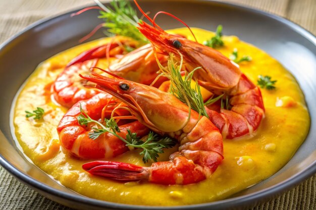 Bright red shrimp and vivid yellow sauce