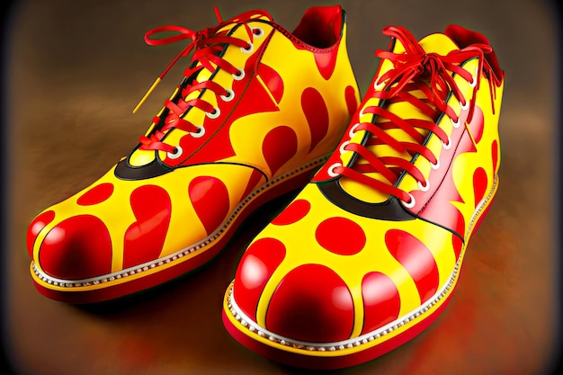 Bright red and yellow clown shoes for circus performances