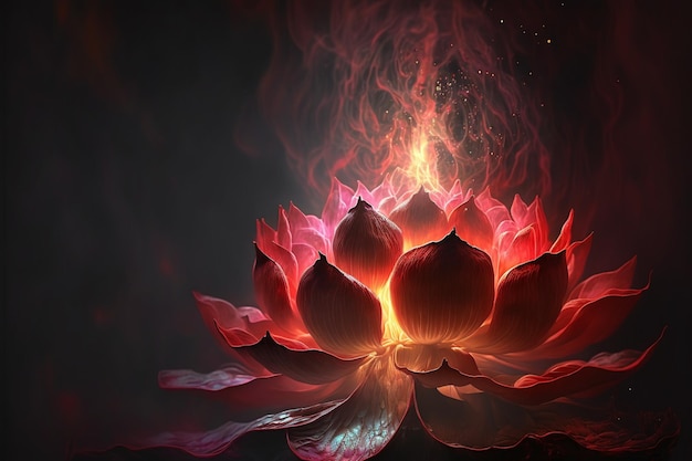 Bright red yellow lotus flower burning cloudlike petals surrounded by magic chaos light white smoke falling reflected light Lotus light with pearls floating on a sparkly background