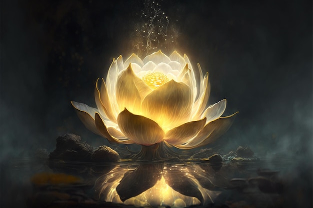 Bright red yellow lotus flower burning cloudlike petals surrounded by magic chaos light white smoke falling reflected light Lotus light with pearls floating on a sparkly background