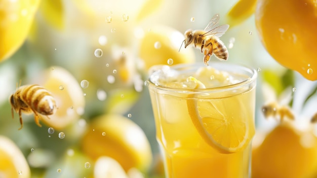 Bright and Refreshing Lemonade with Bees in a Sunlit Garden Perfect Digital Backdrop