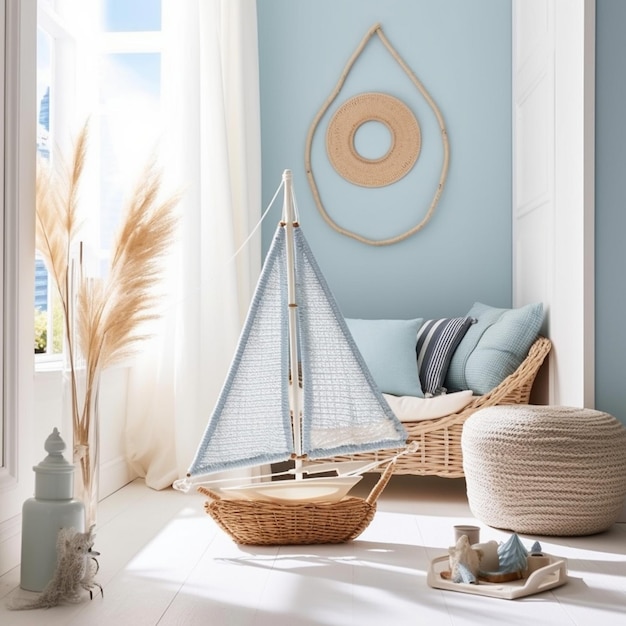 Bright room design in white beige and light blue tones with marine style rattan