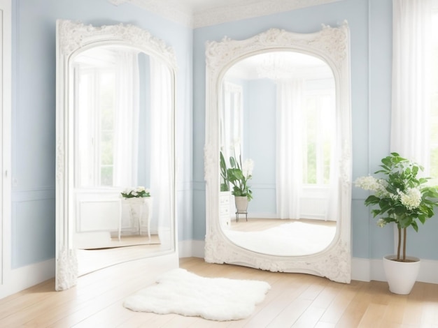 A bright room with a beautiful mirror