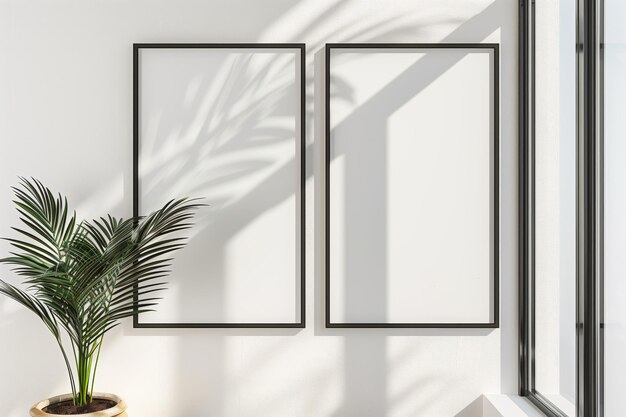 Bright room with two empty frames on wall plant and shadow play from sunlight