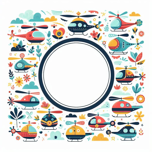 Photo bright round frame with helicopters in cartoon flat style cute decorative border for children