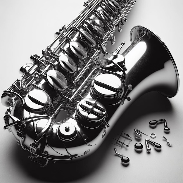 A BRIGHT SAXOPHONE ON A WHITE BACKGROUND