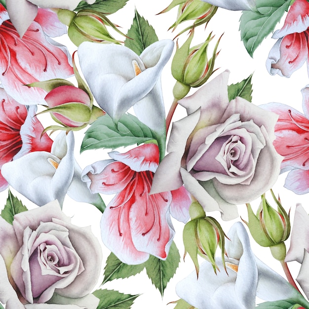 Bright seamless pattern with flowers. Calla. Rose. Watercolor illustration. Hand drawn.